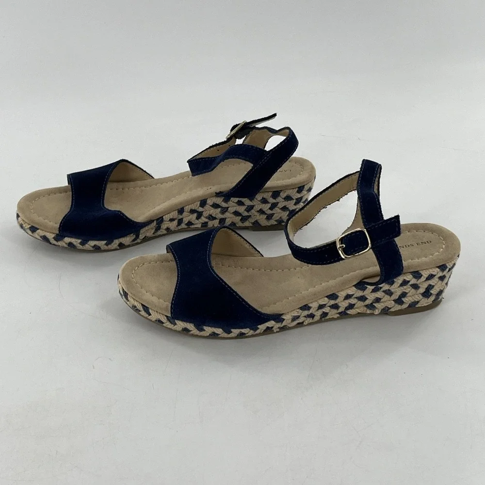 Lands End Espadrille Sandal Womens 7 Wedge Slingback Open Toe Blue Suede Chevron